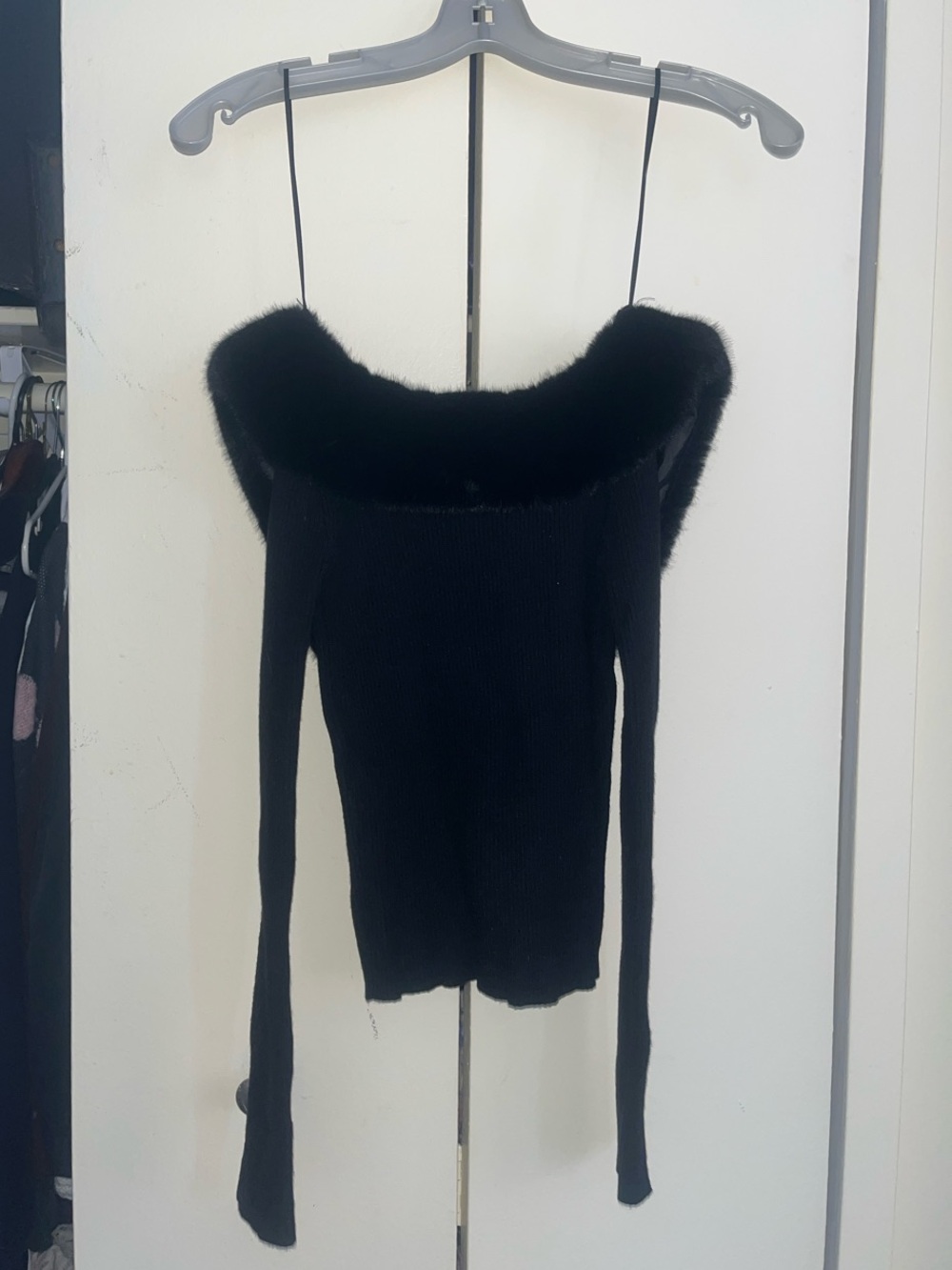 Zara Black Off-Shoulder Faux Fur Trim Sweater